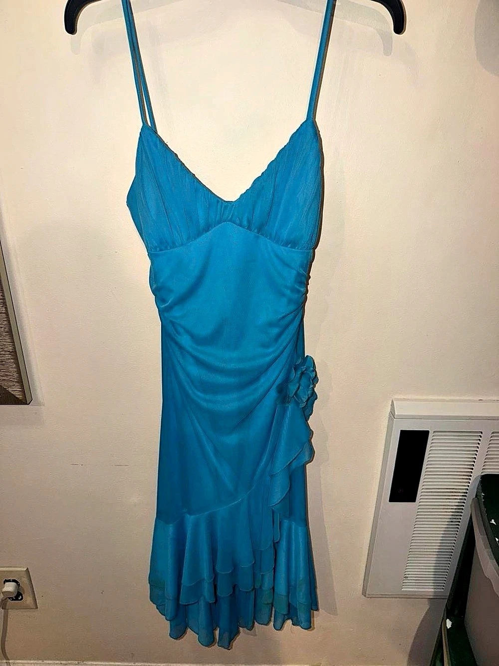 Vintage Y2K Blue Ruffle Spaghetti Strap Mini Dress with Flower Embellishments